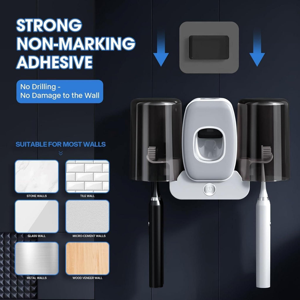 Tooth Brush Holders Set with Toothpaste Dispenser Wall Mounted